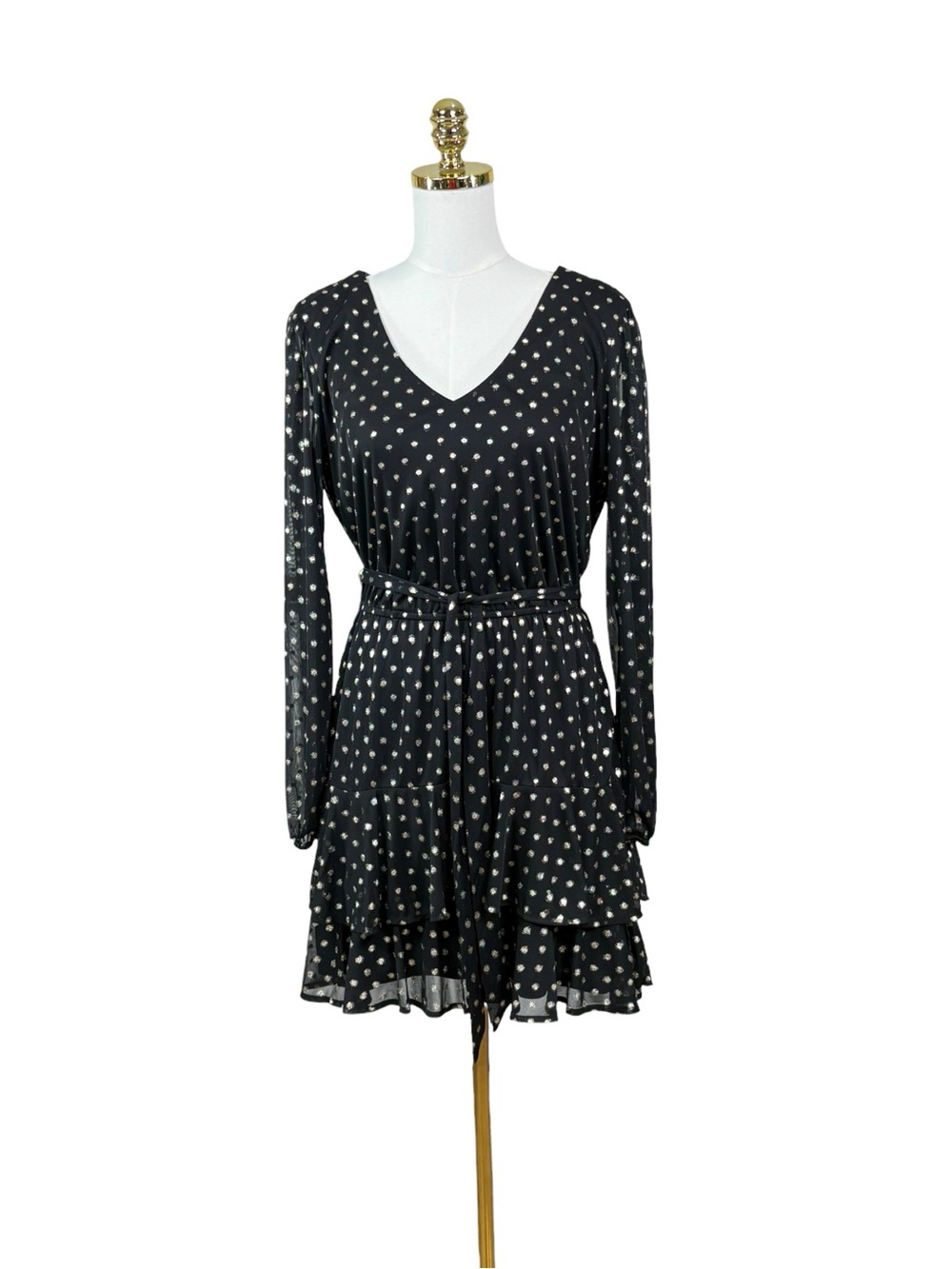 Woman’s City Studio black with gold polkadot belted dress size L